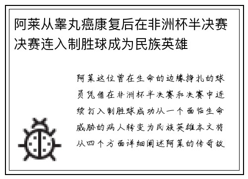 阿莱从睾丸癌康复后在非洲杯半决赛决赛连入制胜球成为民族英雄 阿莱从睾丸癌康复后在非洲杯半决赛决赛连入制胜球成为民族英雄