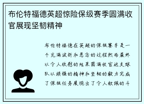 布伦特福德英超惊险保级赛季圆满收官展现坚韧精神